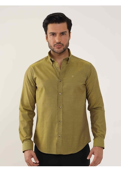 Dufy Hardal Erkek Slim Fit Düz Brent Düğmeli Yaka Uzun Kol Gömlek - 102454-hardal Hardal