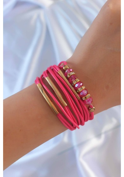 Pembe Renk Zirkon Taşlı Metal Aksesuarlı İpli Çoklu Bileklik - Pembe