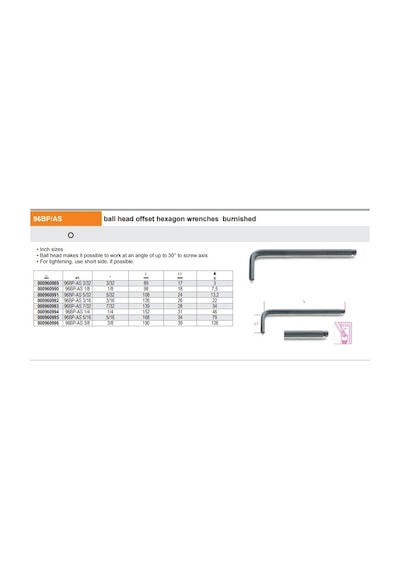 Beta 96bp/as 5/32" Yuvarlak Bombe Top Başlı Uzun Allen Anahtar Inch