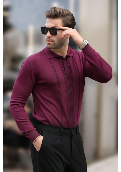 Madmext Mor Polo Yaka Çizgili Erkek Triko Kazak 7265 Mor