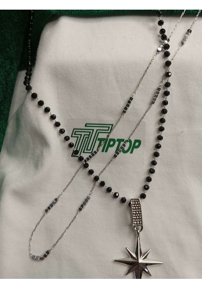 Tiptop/ Siyah Boncuklu Gümüş Renk Kutup Yıldızı Ve Silver Çelik Kolye 2'li Set Gümüş - Siyah