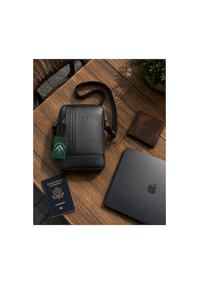 Alphaclub Bag Erkek Mat Siyah Hakiki Deri Postacı El Ve Omuz Çantası Orta Boy