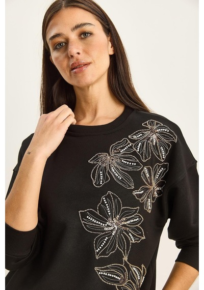 Shade Kadın Bisiklet Yaka Çiçek Boncuk İşlemeli Relaxed Sweatshirt 1572 60283809 - Siyah