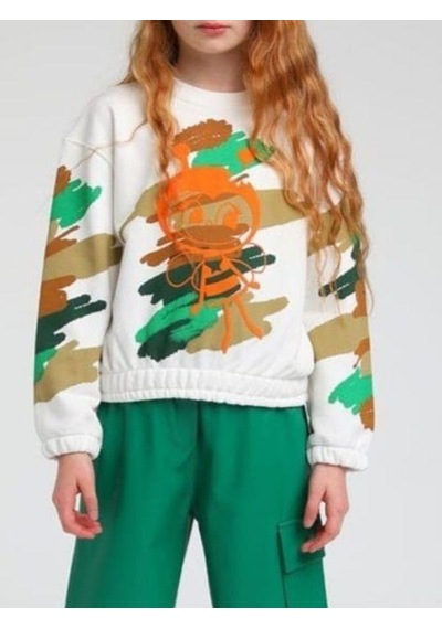 Kız Çocuk Arı Maya Baskılı Kamuflaj Sweatshirt-13654 Beyaz