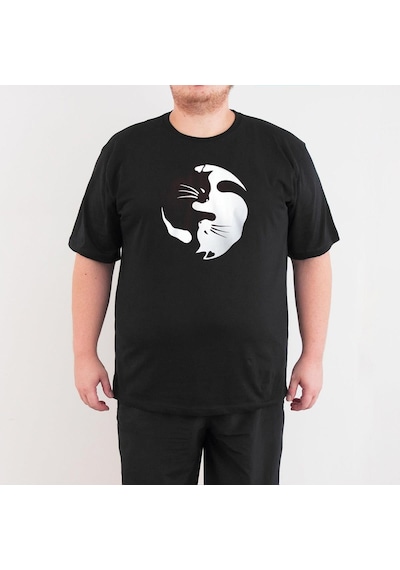 Bant Giyim Yin Yang Kedi Büyük Beden Siyah Erkek Tişört 4Xl Çok Renkli