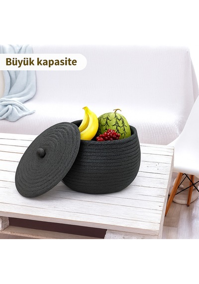 Mavaux Mutfak, Banyo Ve Ev İçin Halat Hasır Sepet 17x21 Cm Kapaklı Saklama Sepeti Honeypot Antrasit