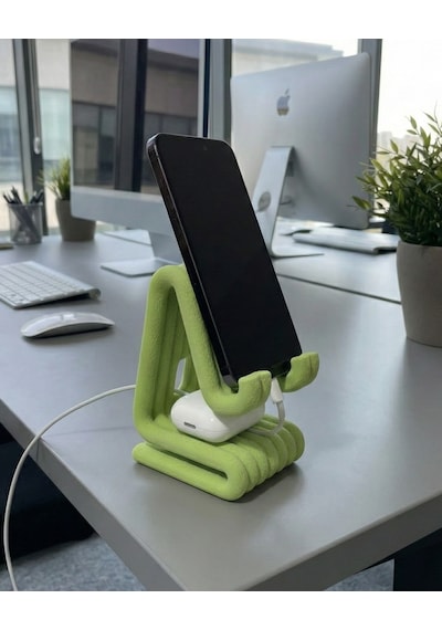 Masaüstü Kaymaz Taban Telefon Ve Tablet Standı - Kulaklık Ve Not Kağıdı Bölmeli-kiremit Yeşil