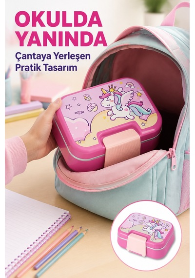 Happi Unicorn Paslanmaz Çelik Bölmeli Beslenme Kutusu 1030 Ml Çatal Kaşık Dahil Pembe
