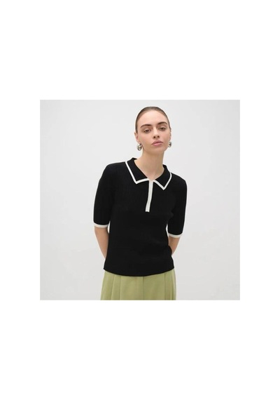 De Pose Siyah Kısa Kollu Premium Polo Yaka Fermuarlı Triko Kadın T-shirt