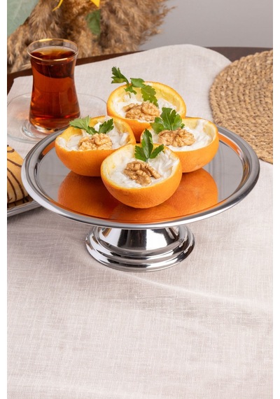 Gümüş Yuvarlak, Ayaklı Şık Kek, Pasta, Kurabiye Ve Tatlı Servis Sunum Standı Gümüş