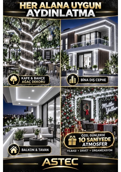 Astec Yapışkanlı 10 Metre Beyaz 220v Silikonlu Şerit Led Yüksek Güç Tak Çalıştır İç Dış Mekân Su Geçirmez