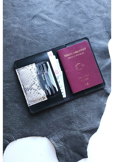 Vip Gift Voyager Hakiki Deri Pasaport Kılıfı Croco Siyah Siyah Beyaz Gri