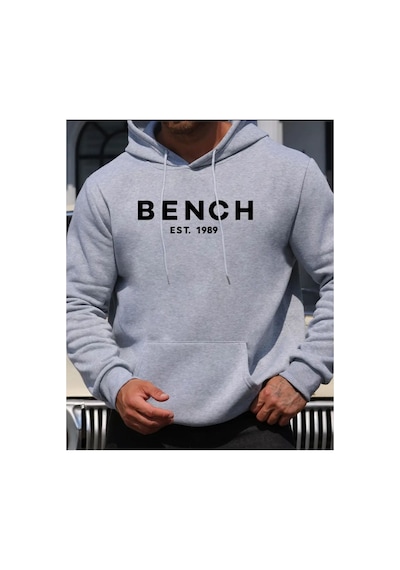 Herkesemoda Bench Yazı Detaylı İçi Polarlı Kapüşonlu Sweatshirt Gri