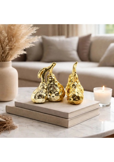 Özel Üretim Lüks Modern Dekoratif Çift Armut Tasarımlı Biblo Mega Boy Seramik Parlak Altın