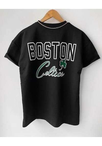 Unisex Siyah Oversize Boston Logo Baskılı Pamuklu T-shirt Siyah