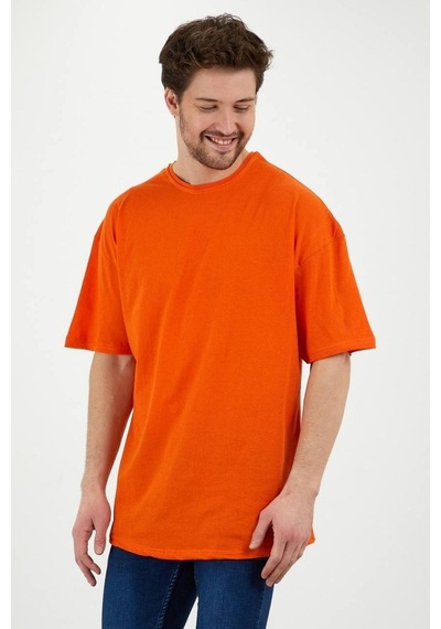 Unisex Pamuklu Turuncu Bisiklet Yaka Oversize T-shirt Turuncu