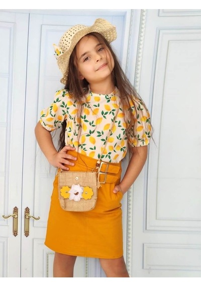 Quzucuk Kids Kız Çocuk Limon Figürlü Etekli Sarı Takım Sarı