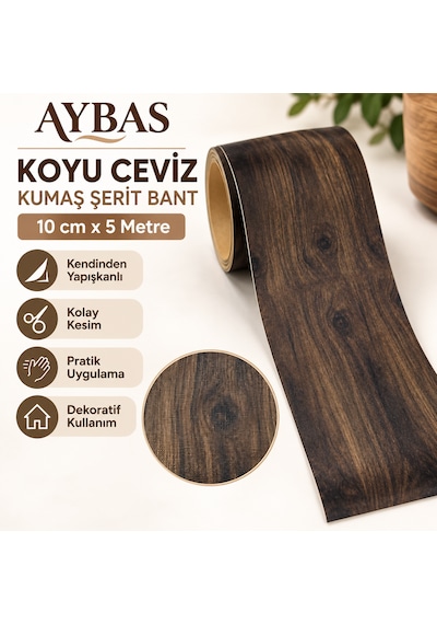 Aybas 10 Cm X 5 Metre Koyu Ceviz Ahşap Desenli Kumaş Yapışkan Bant Mobilya Kaplama Ve Tamir Şeridi 10 Cm X 5 Metre - Koyu Ceviz