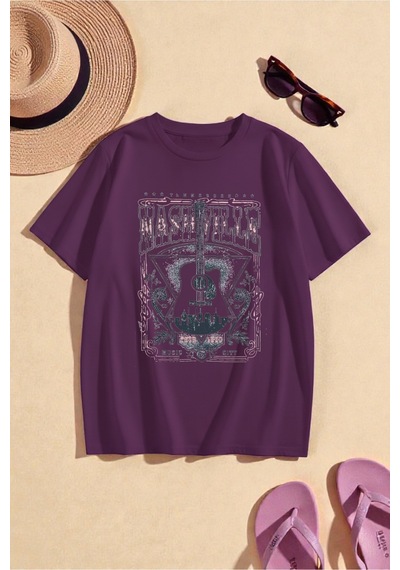 Uyguntarz Unisex Music City Baskılı Oversize Tshirt Mor