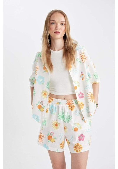 DeFacto Coool Oversize Geniş Kalıp Desenli Pijama Yaka Kısa Kollu Gömlek D5117AX24HSWT34