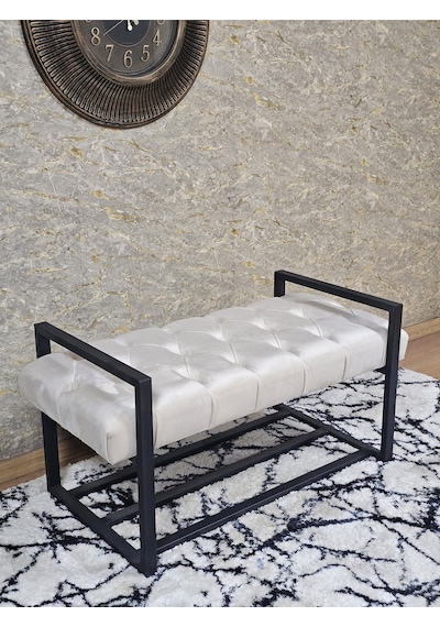 Zafir Siyah Boyalı Metal 80 Cm Puf Bench - Antre Puf - Hol Bench - Puf - Oturak - Bench Krem