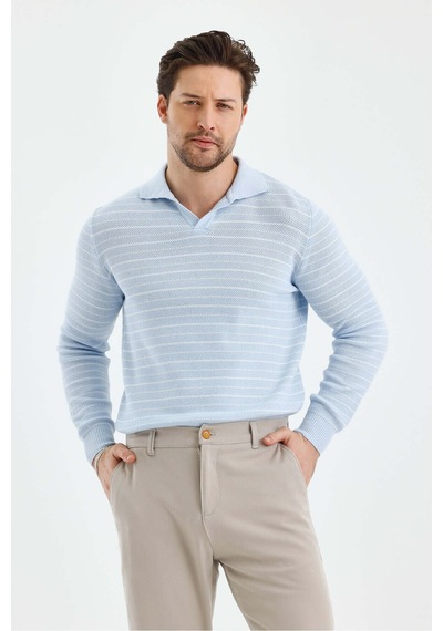 Cool Tarz Erkek Patlı Slim Fit Çizgi Detaylı Uzun Kollu Polo Yaka Triko Kazak Mavi Mavi