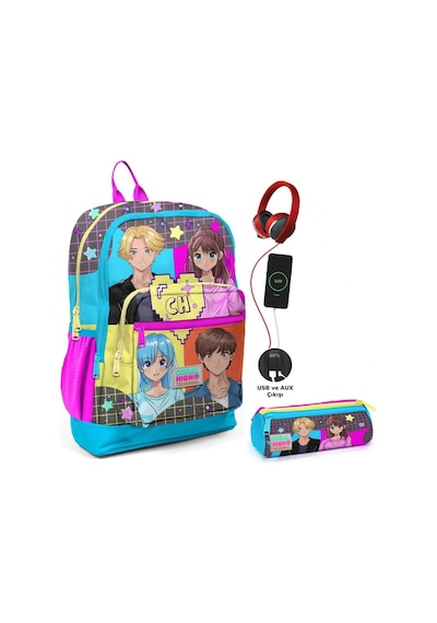 Coral High Mavi Pembe Anime Usb Soketli Okul Çantası Ve Kalemlik Seti - Kız Çocuk
