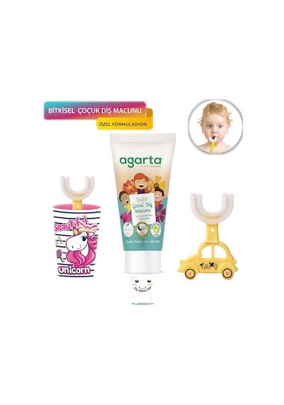 Mas Lord U Tipi Yeni Nesil Diş Fırçası Seti - Pembe Fırçalık + Sarı Araba 2-6 Yaş +Agarta Çocuk Diş Macunu