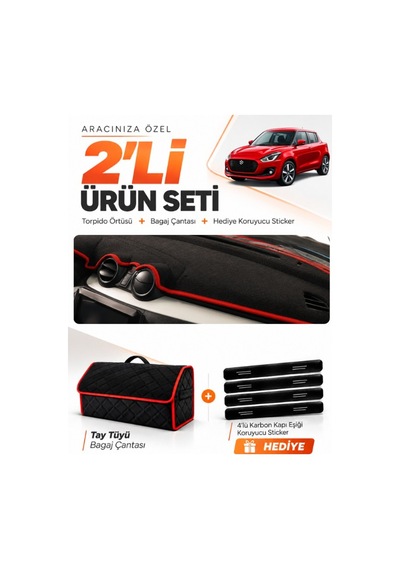 Suzukı Swift 2017-2020 Uyumlu Torpido Örtüsü + Tay Tüyü Bagaj Çantası + Sticker - Siyah Kırmızı