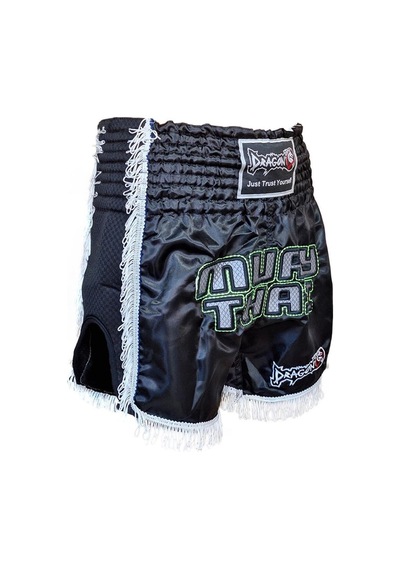 Dragondo Mt3020 Apache Muaythai Şortu Siyah Püsküllü Şort Nakışlı Muay Thai Şortu Siyah