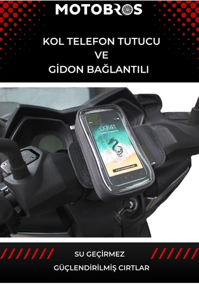 Motosiklet Sürücüsü Kol Ve Gidona Takılabilir Çantalı Telefon Tutucu 6,5"'e Kadar Siyah