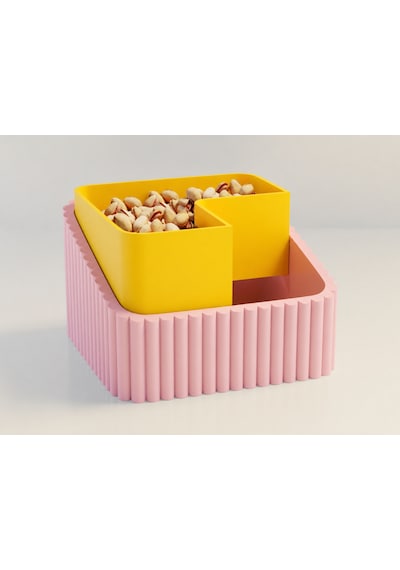 3d Baskı Fıstık Kasesi - Çift Hazneli Kabuk Ayırıcı Sunum Kasesi - Pembe Sarı