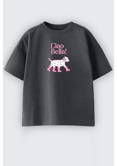 Monila Kız Çocuk Köpek Baskılı Pamuklu T-shirt Antrasit