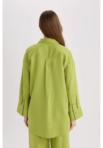 Defacto Relax Fit Keten Karışımlı Uzun Kollu Gömlek Tunik D8183ax25spgn698 Yeşil