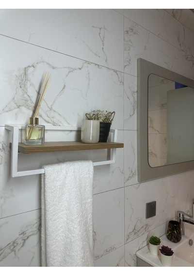 lyla concept Defne Banyo Ahşap Raflı Beyaz Metal Havlu, Şal Askılık Ceviz Raf Beyaz