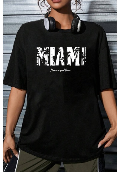 Unisex Miami Baskılı Oversize Tshirt Siyah