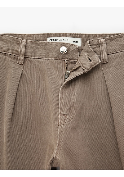 Koton Pileli Pamuklu Normal Bel Cep Detaylı Geniş Paça Pantolon - Wide Leg Jeans Açık Kahverengi 7wal40017mw