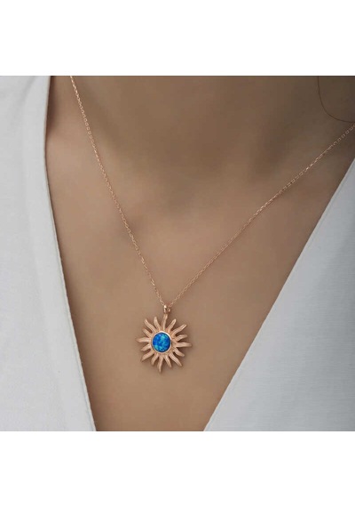 925 Ayar Gümüş Rose Mi Opal Taşlı Güneş Kadın Kolye