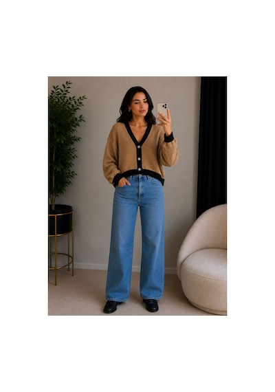 Hira Life Fashion Kadın V Yaka Düğmeli Şeritli Kısa Crop Ceket-hırka Vizon Vizon