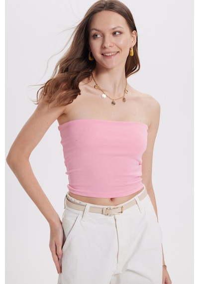 Tudors Kadın Slim Fit Dar Kesim Pamuklu Straplez Pembe Bluz-38845 Pembe