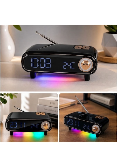 Buffer Retro Bluetooth Hoparlör, Fm Radyo, Led Işıklı Dijital Masa Saati Ve Termometre, Çok Fonksiyonlu Kablosuz Masa Ü
