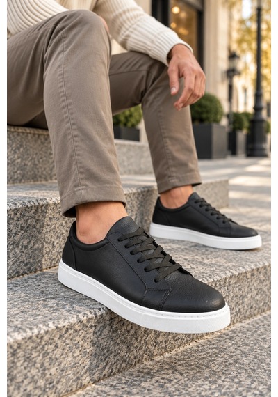 Mevese Etile Bağcıklı Cilt Erkek Günlük Sneaker Ayakkabı - Siyah