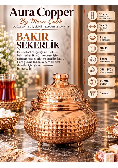 Aura Copper Kapaklı Bakır Şekerlik 3 Ayaklı El İşlemeli Lokumluk Bakır Renk-dövme