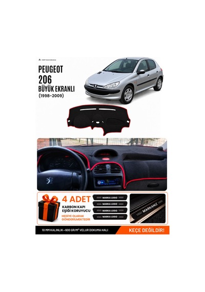 Peugeot 206 Büyük Ekranlı 1998-2009 Uyumlu Torpido Örtüsü, Torpido Kılıfı - Siyah Kırmızı