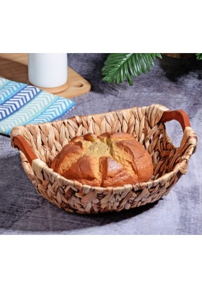 Kosova Wicker Serisi Bezli Oval Ahşap Kulplu Hasır Ekmek Sepeti Açık Gri