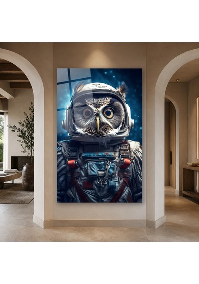 Astronot Kasklı Baykuş Çerçevesiz Cam Tablo