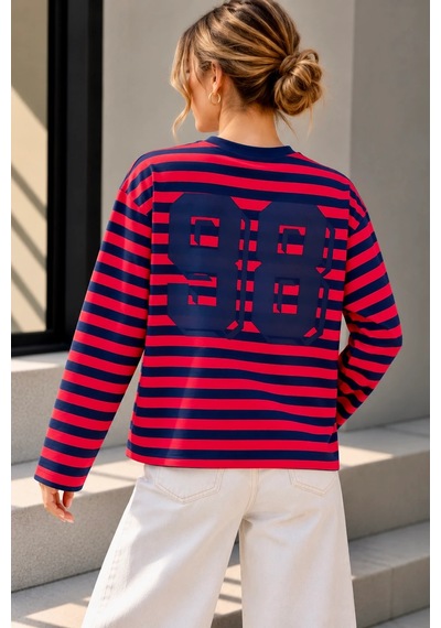 Bbbutikbasic Wild Baskılı Çizgili Uzun Kollu Kadın Sweatshirt My3535 Lacivert