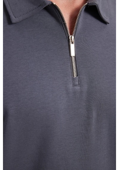 Tudors Erkek Relax Fit Rahat Kesim %100 Pamuk Yarım Fermuarlı Polo Yaka İnterlok Antrasit Sweatshirt-42172 Antrasit