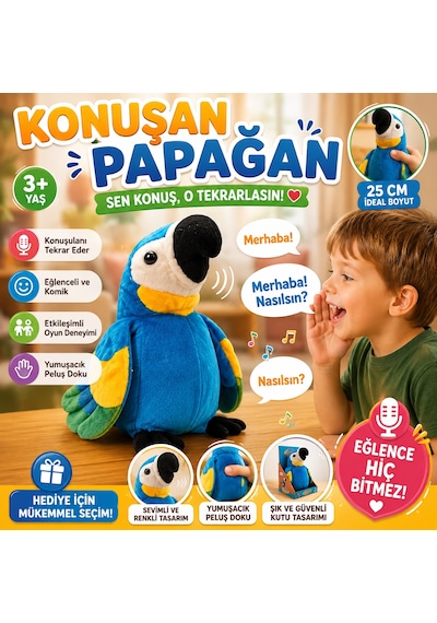 Konuşulanı Tekrarlayan Eğlenceli İnteraktif Oyuncak Papağan Peluş 25 Cm Mavi