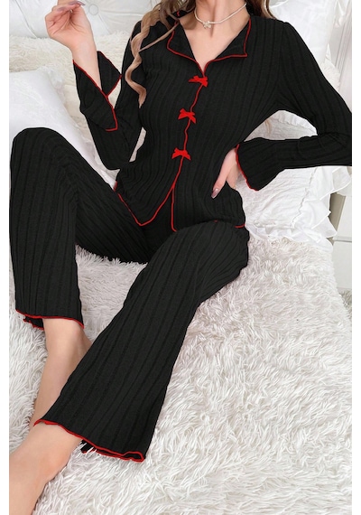Fantezia Night Kadın Siyah Kırmızı Biyeli Ve Fiyonklu Uzun Kollu Mevsimlik Pijama Takımı